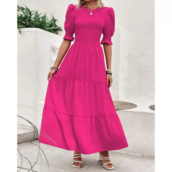 imageBTFBM Women Casual Summer Dresses 2023 Spring Crew Neck Ruffle Short Sleeve Floral Leopard Smocked Boho Flowy Maxi DressSolid Rose Red