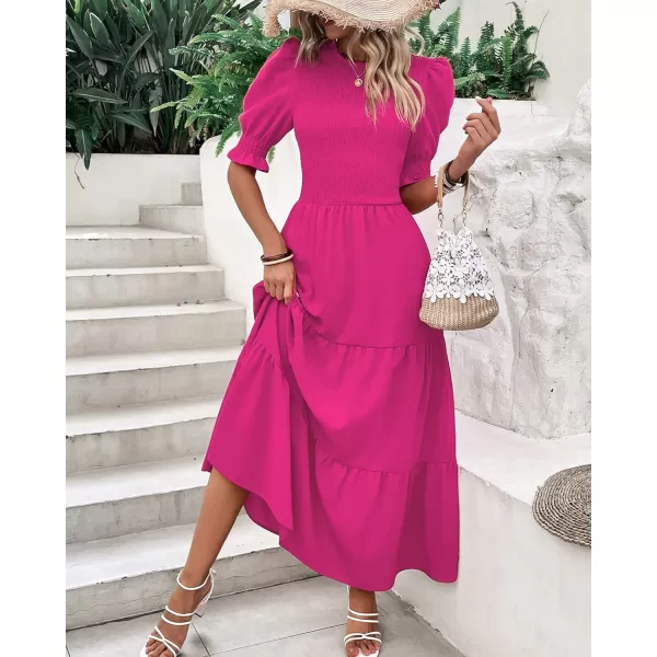 imageBTFBM Women Casual Summer Dresses 2023 Spring Crew Neck Ruffle Short Sleeve Floral Leopard Smocked Boho Flowy Maxi DressSolid Rose Red