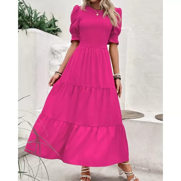 imageBTFBM Women Casual Summer Dresses 2023 Spring Crew Neck Ruffle Short Sleeve Floral Leopard Smocked Boho Flowy Maxi DressSolid Rose Red