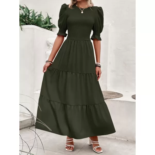 imageBTFBM Women Casual Summer Dresses 2023 Spring Crew Neck Ruffle Short Sleeve Floral Print Smocked Boho Flowy Maxi DressSolid Army Green