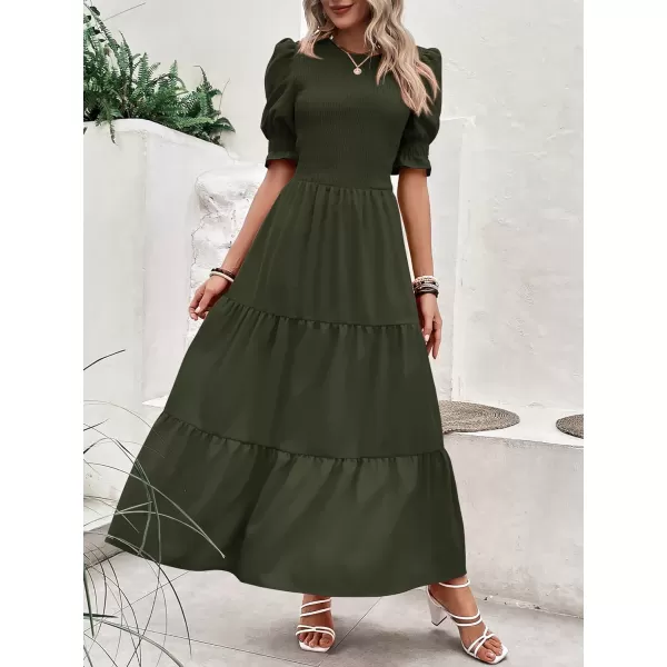 imageBTFBM Women Casual Summer Dresses 2023 Spring Crew Neck Ruffle Short Sleeve Floral Print Smocked Boho Flowy Maxi DressSolid Army Green