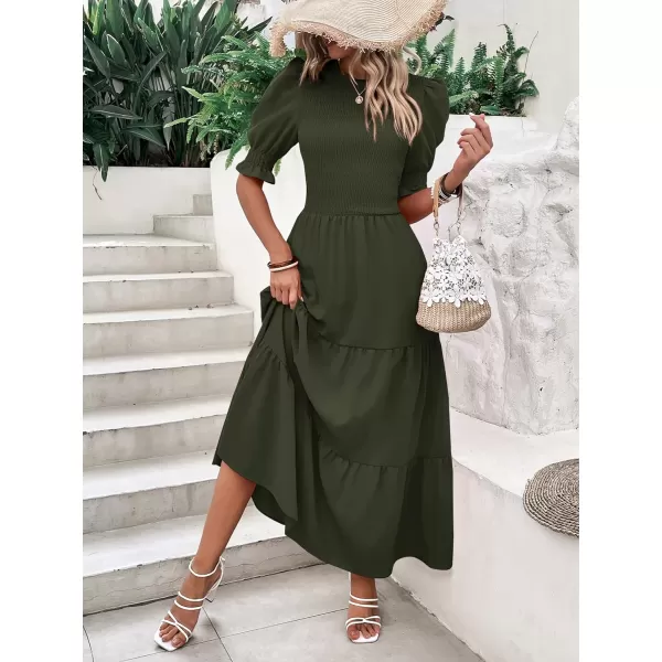 imageBTFBM Women Casual Summer Dresses 2023 Spring Crew Neck Ruffle Short Sleeve Floral Print Smocked Boho Flowy Maxi DressSolid Army Green