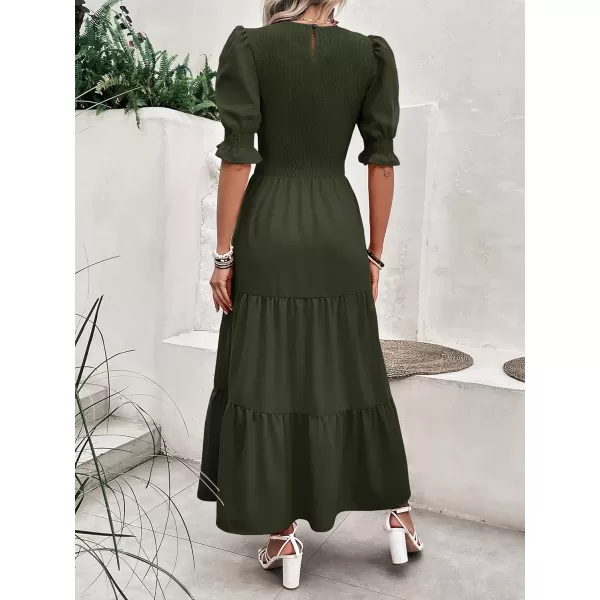 imageBTFBM Women Casual Summer Dresses 2023 Spring Crew Neck Ruffle Short Sleeve Floral Print Smocked Boho Flowy Maxi DressSolid Army Green
