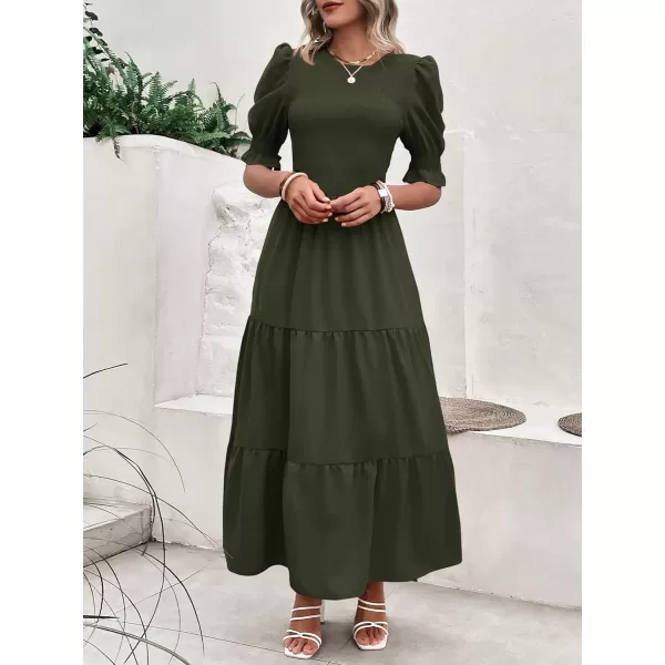 imageBTFBM Women Casual Summer Dresses 2023 Spring Crew Neck Ruffle Short Sleeve Floral Print Smocked Boho Flowy Maxi DressSolid Army Green