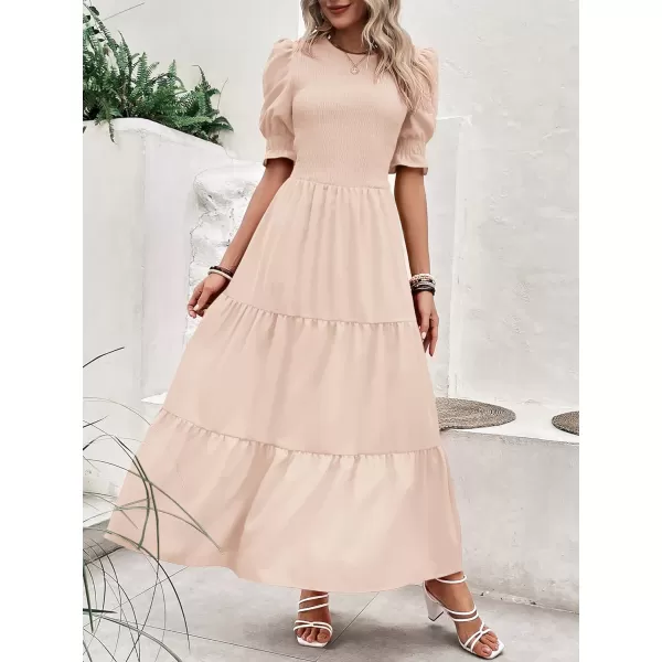 imageBTFBM Women Casual Summer Dresses 2023 Spring Crew Neck Ruffle Short Sleeve Floral Print Smocked Boho Flowy Maxi DressSolid Beige