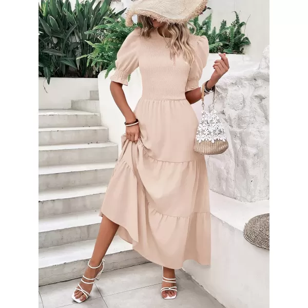 imageBTFBM Women Casual Summer Dresses 2023 Spring Crew Neck Ruffle Short Sleeve Floral Print Smocked Boho Flowy Maxi DressSolid Beige