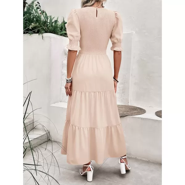 imageBTFBM Women Casual Summer Dresses 2023 Spring Crew Neck Ruffle Short Sleeve Floral Print Smocked Boho Flowy Maxi DressSolid Beige