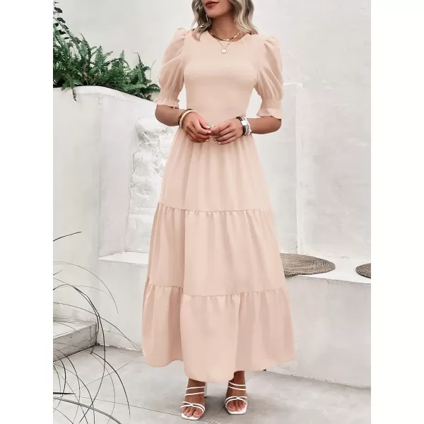 imageBTFBM Women Casual Summer Dresses 2023 Spring Crew Neck Ruffle Short Sleeve Floral Print Smocked Boho Flowy Maxi DressSolid Beige