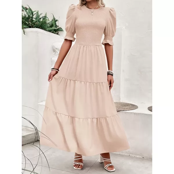 imageBTFBM Women Casual Summer Dresses 2023 Spring Crew Neck Ruffle Short Sleeve Floral Print Smocked Boho Flowy Maxi DressSolid Beige
