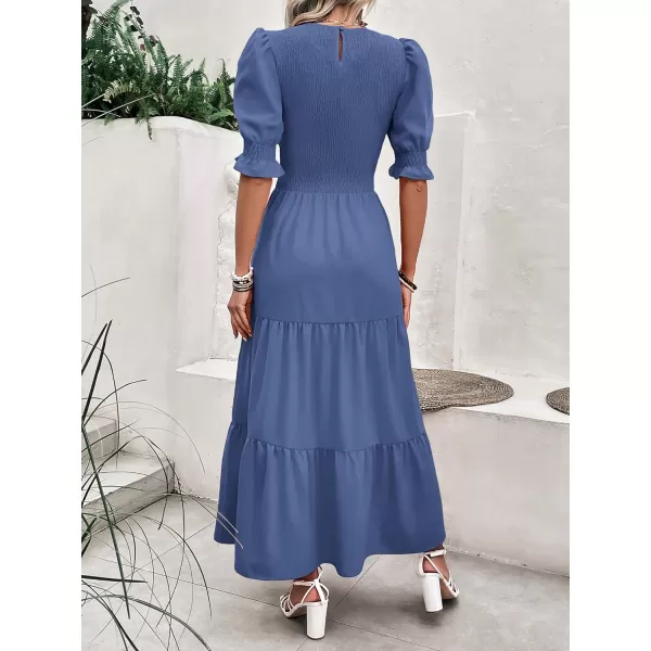 imageBTFBM Women Casual Summer Dresses 2023 Spring Crew Neck Ruffle Short Sleeve Floral Print Smocked Boho Flowy Maxi DressSolid Grey Blue