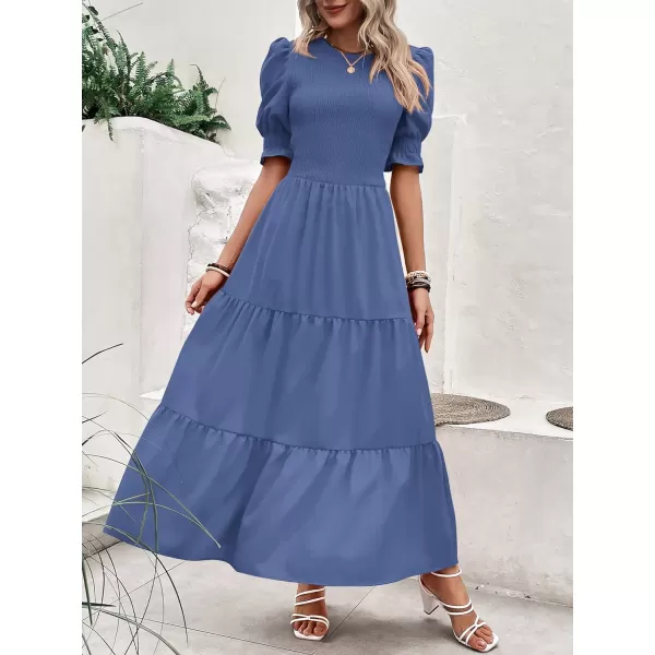 imageBTFBM Women Casual Summer Dresses 2023 Spring Crew Neck Ruffle Short Sleeve Floral Print Smocked Boho Flowy Maxi DressSolid Grey Blue