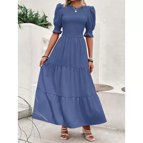 imageBTFBM Women Casual Summer Dresses 2023 Spring Crew Neck Ruffle Short Sleeve Floral Print Smocked Boho Flowy Maxi DressSolid Grey Blue