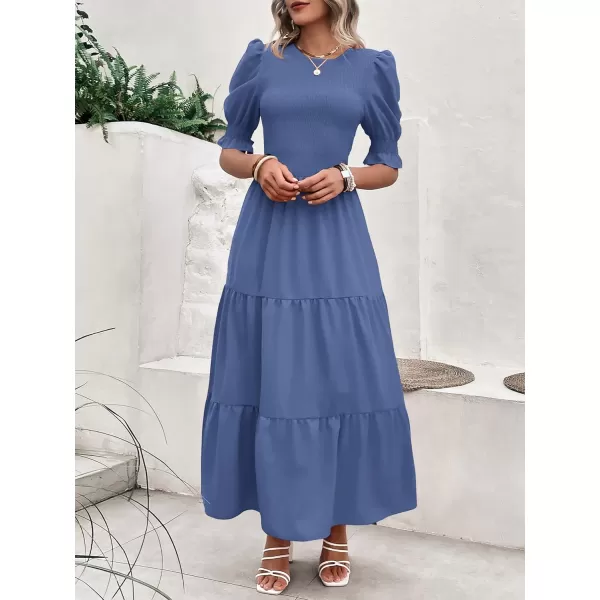 imageBTFBM Women Casual Summer Dresses 2023 Spring Crew Neck Ruffle Short Sleeve Floral Print Smocked Boho Flowy Maxi DressSolid Grey Blue