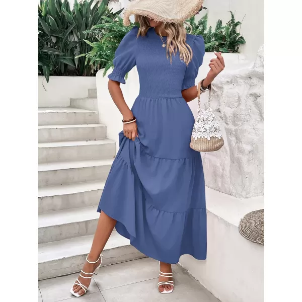 imageBTFBM Women Casual Summer Dresses 2023 Spring Crew Neck Ruffle Short Sleeve Floral Print Smocked Boho Flowy Maxi DressSolid Grey Blue