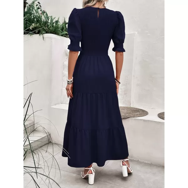 imageBTFBM Women Casual Summer Dresses 2023 Spring Crew Neck Ruffle Short Sleeve Floral Print Smocked Boho Flowy Maxi DressSolid Navy