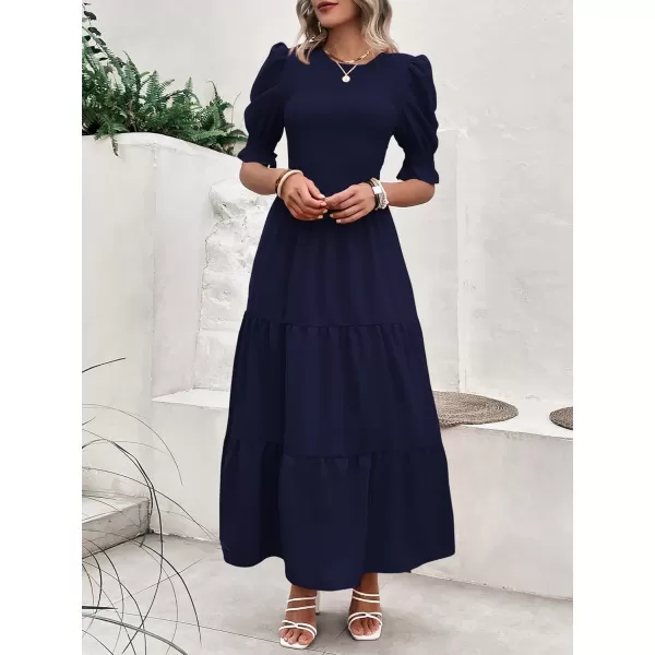 imageBTFBM Women Casual Summer Dresses 2023 Spring Crew Neck Ruffle Short Sleeve Floral Print Smocked Boho Flowy Maxi DressSolid Navy