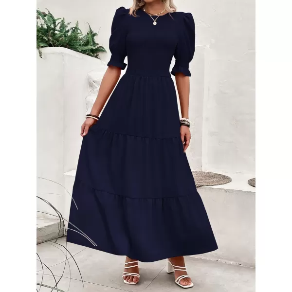 imageBTFBM Women Casual Summer Dresses 2023 Spring Crew Neck Ruffle Short Sleeve Floral Print Smocked Boho Flowy Maxi DressSolid Navy