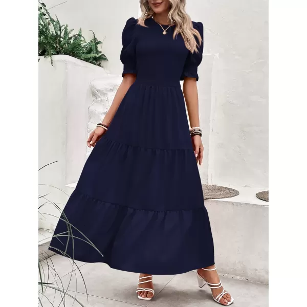 imageBTFBM Women Casual Summer Dresses 2023 Spring Crew Neck Ruffle Short Sleeve Floral Print Smocked Boho Flowy Maxi DressSolid Navy