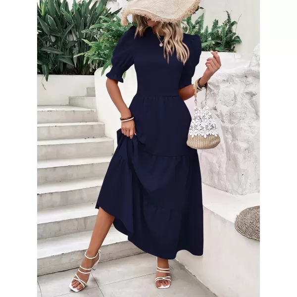 imageBTFBM Women Casual Summer Dresses 2023 Spring Crew Neck Ruffle Short Sleeve Floral Print Smocked Boho Flowy Maxi DressSolid Navy
