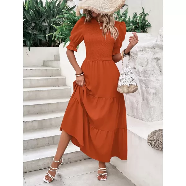 imageBTFBM Women Casual Summer Dresses 2023 Spring Crew Neck Ruffle Short Sleeve Floral Print Smocked Boho Flowy Maxi DressSolid Orange