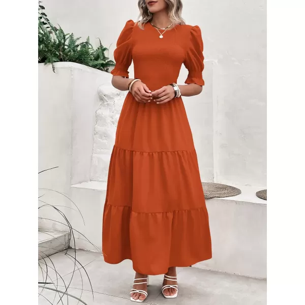 imageBTFBM Women Casual Summer Dresses 2023 Spring Crew Neck Ruffle Short Sleeve Floral Print Smocked Boho Flowy Maxi DressSolid Orange