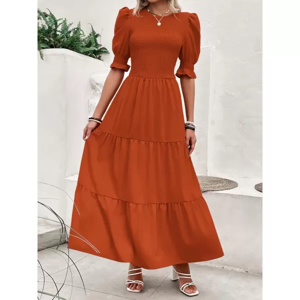 imageBTFBM Women Casual Summer Dresses 2023 Spring Crew Neck Ruffle Short Sleeve Floral Print Smocked Boho Flowy Maxi DressSolid Orange