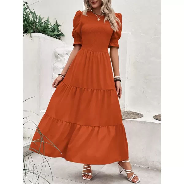 imageBTFBM Women Casual Summer Dresses 2023 Spring Crew Neck Ruffle Short Sleeve Floral Print Smocked Boho Flowy Maxi DressSolid Orange