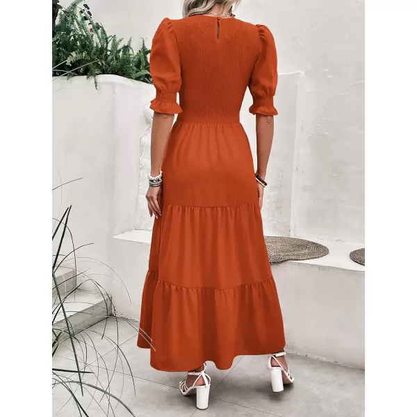 imageBTFBM Women Casual Summer Dresses 2023 Spring Crew Neck Ruffle Short Sleeve Floral Print Smocked Boho Flowy Maxi DressSolid Orange