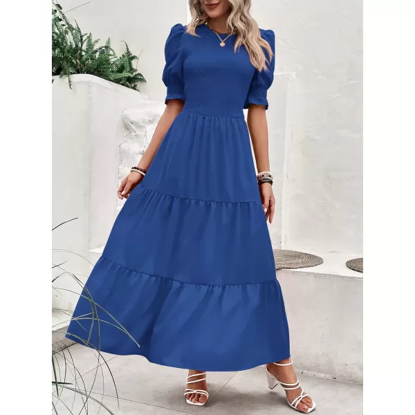 imageBTFBM Women Casual Summer Dresses 2023 Spring Crew Neck Ruffle Short Sleeve Floral Print Smocked Boho Flowy Maxi DressSolid Royal Blue