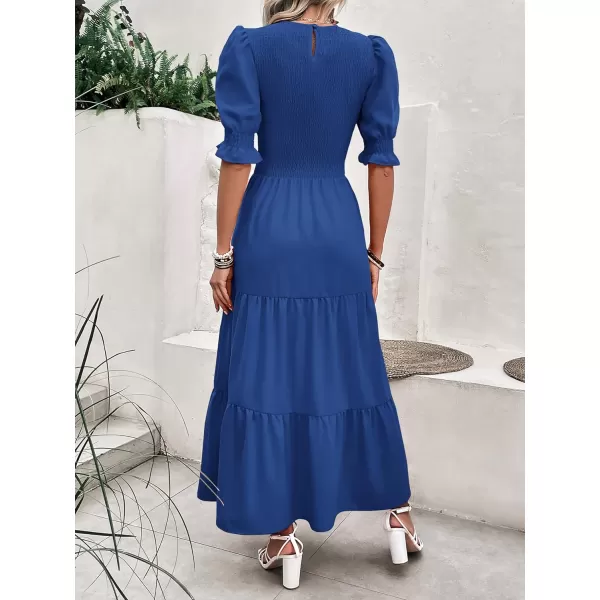 imageBTFBM Women Casual Summer Dresses 2023 Spring Crew Neck Ruffle Short Sleeve Floral Print Smocked Boho Flowy Maxi DressSolid Royal Blue