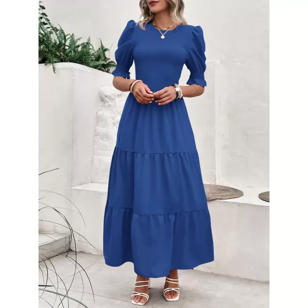 imageBTFBM Women Casual Summer Dresses 2023 Spring Crew Neck Ruffle Short Sleeve Floral Print Smocked Boho Flowy Maxi DressSolid Royal Blue