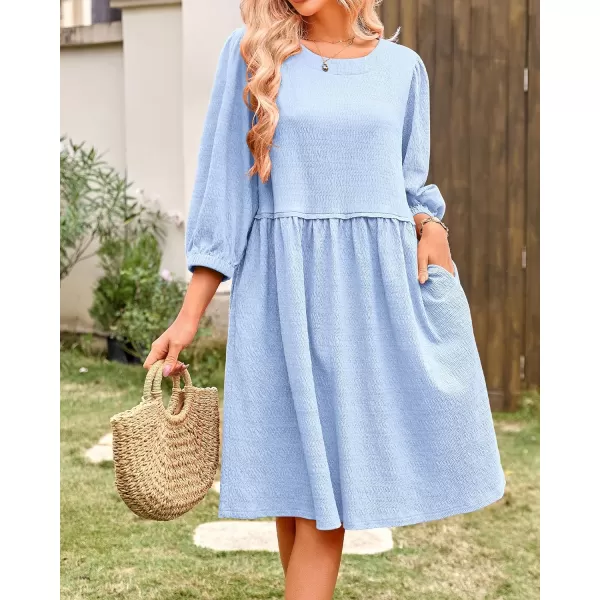 imageBTFBM Women Casual Summer Dresses 2024 Crew Neck 34 Puff Sleeve Tunic Dress Textured Loose Flowy Mini Babydoll DressSolid Light Blue