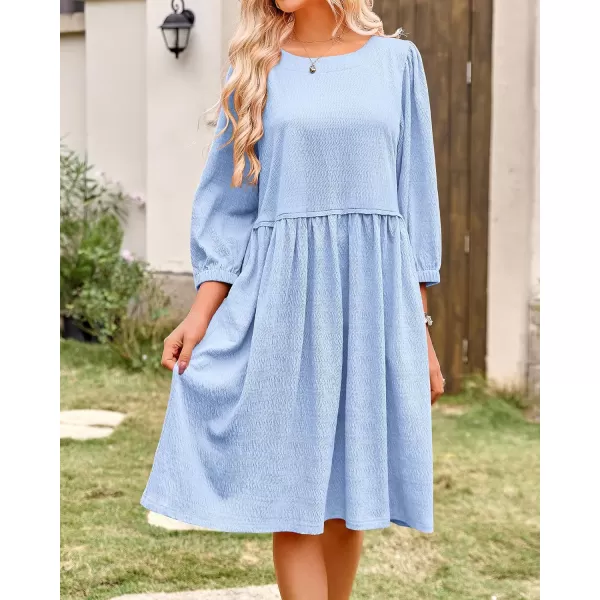 imageBTFBM Women Casual Summer Dresses 2024 Crew Neck 34 Puff Sleeve Tunic Dress Textured Loose Flowy Mini Babydoll DressSolid Light Blue