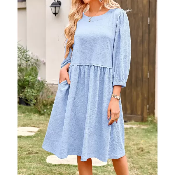 imageBTFBM Women Casual Summer Dresses 2024 Crew Neck 34 Puff Sleeve Tunic Dress Textured Loose Flowy Mini Babydoll DressSolid Light Blue