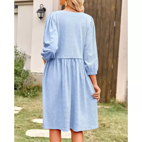 imageBTFBM Women Casual Summer Dresses 2024 Crew Neck 34 Puff Sleeve Tunic Dress Textured Loose Flowy Mini Babydoll DressSolid Light Blue