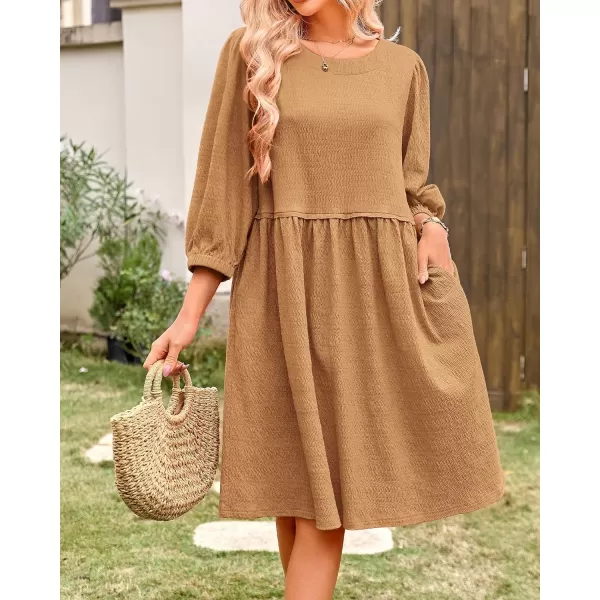 imageBTFBM Women Casual Summer Dresses 2024 Crew Neck 34 Puff Sleeve Tunic Dress Textured Loose Flowy Mini Babydoll DressSolid Light Brown