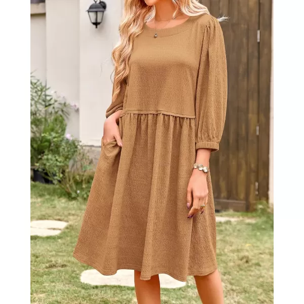 imageBTFBM Women Casual Summer Dresses 2024 Crew Neck 34 Puff Sleeve Tunic Dress Textured Loose Flowy Mini Babydoll DressSolid Light Brown