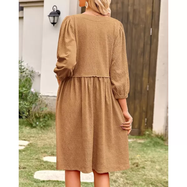 imageBTFBM Women Casual Summer Dresses 2024 Crew Neck 34 Puff Sleeve Tunic Dress Textured Loose Flowy Mini Babydoll DressSolid Light Brown