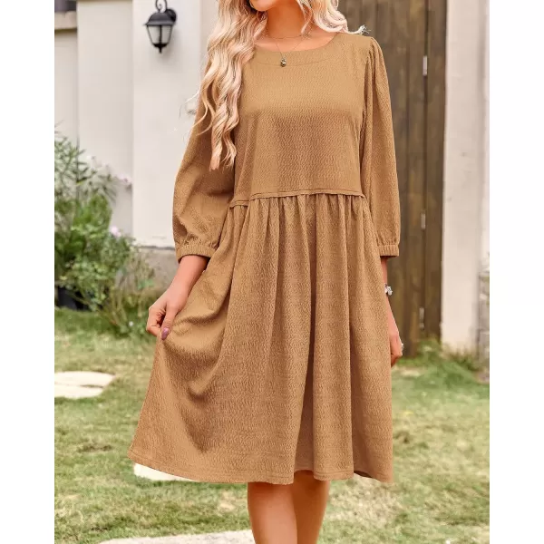 imageBTFBM Women Casual Summer Dresses 2024 Crew Neck 34 Puff Sleeve Tunic Dress Textured Loose Flowy Mini Babydoll DressSolid Light Brown