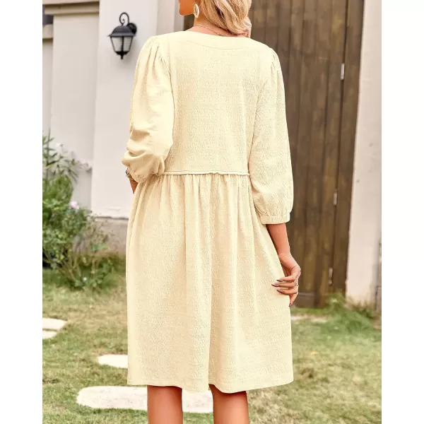 imageBTFBM Women Casual Summer Dresses 2024 Crew Neck 34 Puff Sleeve Tunic Dress Textured Loose Flowy Mini Babydoll DressSolid Light Yellow