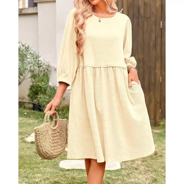 imageBTFBM Women Casual Summer Dresses 2024 Crew Neck 34 Puff Sleeve Tunic Dress Textured Loose Flowy Mini Babydoll DressSolid Light Yellow