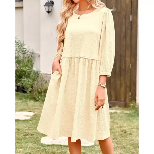 imageBTFBM Women Casual Summer Dresses 2024 Crew Neck 34 Puff Sleeve Tunic Dress Textured Loose Flowy Mini Babydoll DressSolid Light Yellow