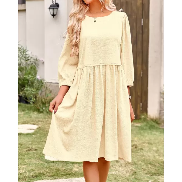 imageBTFBM Women Casual Summer Dresses 2024 Crew Neck 34 Puff Sleeve Tunic Dress Textured Loose Flowy Mini Babydoll DressSolid Light Yellow