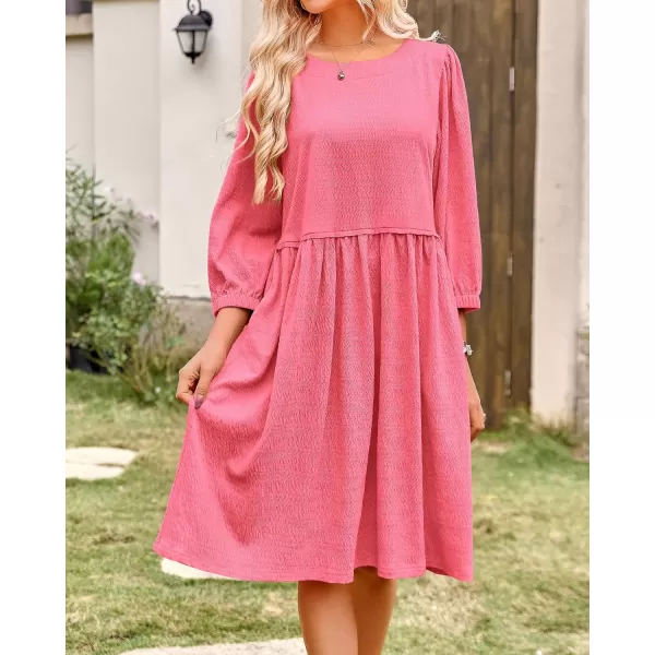 imageBTFBM Women Casual Summer Dresses 2024 Crew Neck 34 Puff Sleeve Tunic Dress Textured Loose Flowy Mini Babydoll DressSolid Pink