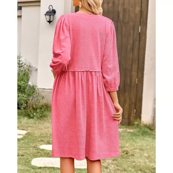 imageBTFBM Women Casual Summer Dresses 2024 Crew Neck 34 Puff Sleeve Tunic Dress Textured Loose Flowy Mini Babydoll DressSolid Pink