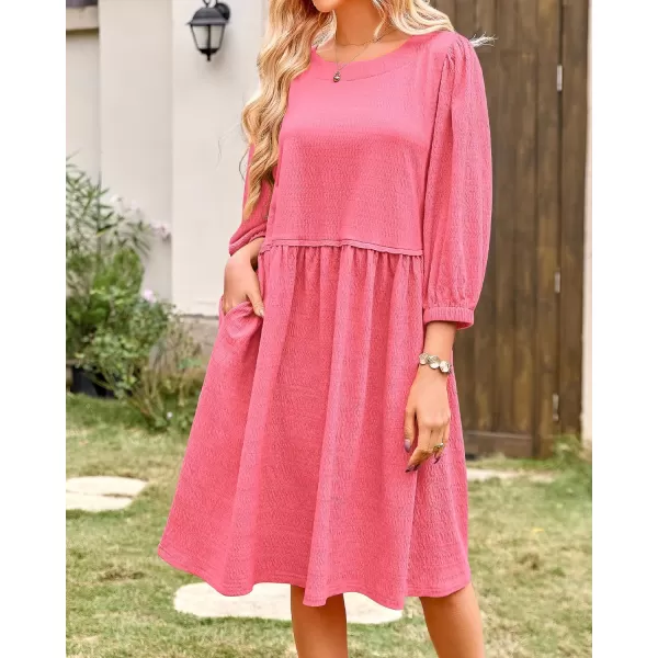 imageBTFBM Women Casual Summer Dresses 2024 Crew Neck 34 Puff Sleeve Tunic Dress Textured Loose Flowy Mini Babydoll DressSolid Pink