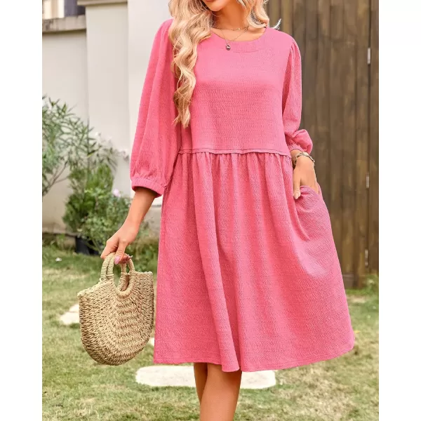 imageBTFBM Women Casual Summer Dresses 2024 Crew Neck 34 Puff Sleeve Tunic Dress Textured Loose Flowy Mini Babydoll DressSolid Pink