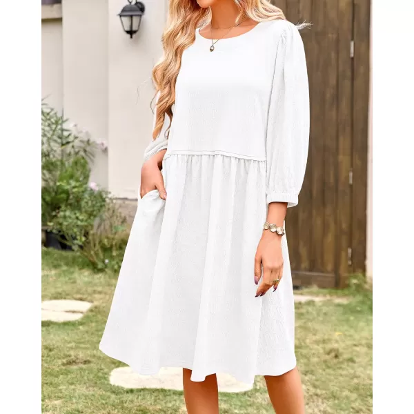 imageBTFBM Women Casual Summer Dresses 2024 Crew Neck 34 Puff Sleeve Tunic Dress Textured Loose Flowy Mini Babydoll DressSolid White