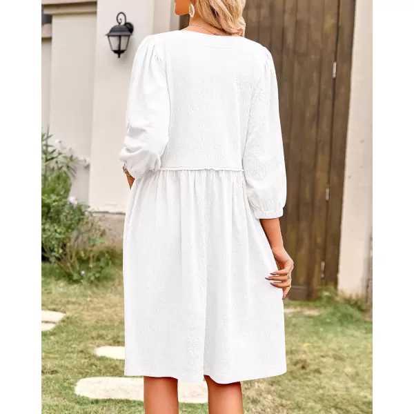 imageBTFBM Women Casual Summer Dresses 2024 Crew Neck 34 Puff Sleeve Tunic Dress Textured Loose Flowy Mini Babydoll DressSolid White