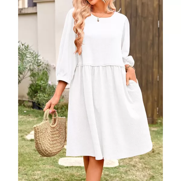 imageBTFBM Women Casual Summer Dresses 2024 Crew Neck 34 Puff Sleeve Tunic Dress Textured Loose Flowy Mini Babydoll DressSolid White